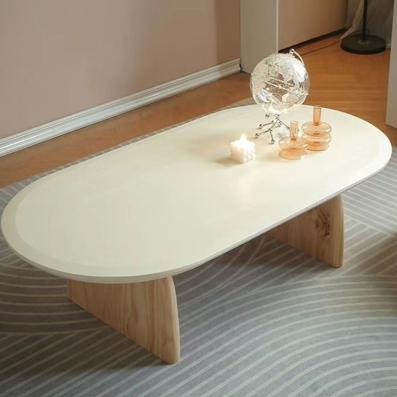 Japanese Furniture Hardware - โต๊ะกาแฟไม้เนื้อแข็งสีครีมขนาดเล็ก โต๊ะน้ำชาสไตล์ญี่ปุ่นเรียบง่าย โต๊ะข้างเตียงรูปวงรีสำหรับบ้านพักและร้านอาหาร โต๊ะไม้ซุงทรงเรียบง่าย