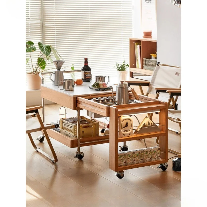 Japanese Furniture Hardware - โต๊ะกาแฟสไตล์คันทรี ไม้เชอร์รี่ พร้อมเตาเคลื่อนย้ายได้ ทำจากไม้เนื้อแข็ง ตู้เก็บของแบบยืดหดได้