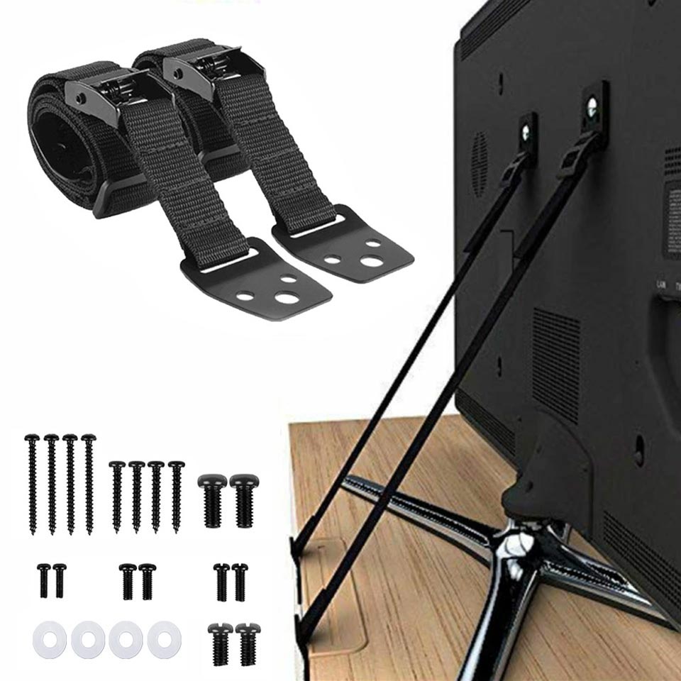 Furniture Hardware Tools - สายรัดยึดทีวีแบบปรับได้ 2 ชิ้น, ตัวยึดเฟอร์นิเจอร์กันล้มแบบไม่ต้องเจาะ ติดด้วยกาว สำหรับป้องกันเด็ก,